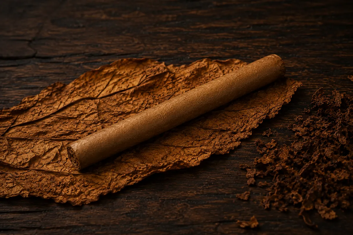 Blend 1, July 2026 release — a Claro Habano corona, 6½ × 42, lying on a tobacco leaf over dark wood