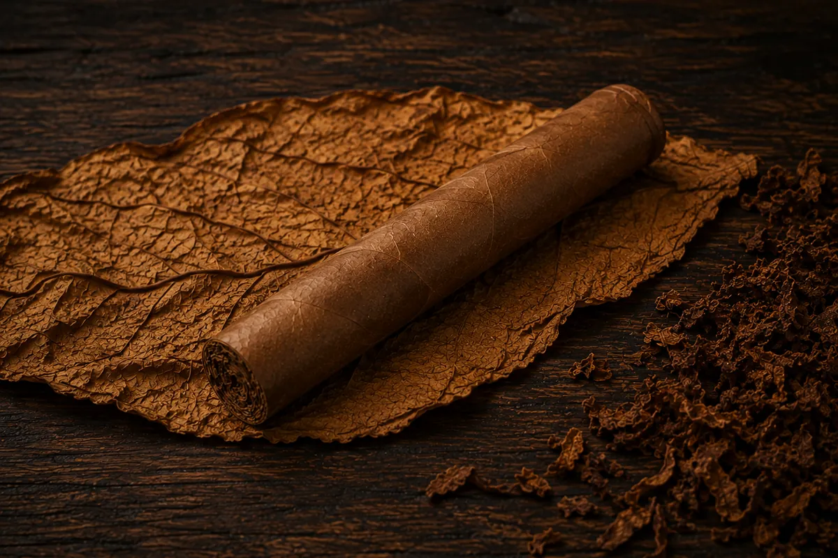 Blend 2, July 2026 release — a Natural / Habano gordo, 6 × 60, lying on a tobacco leaf over dark wood
