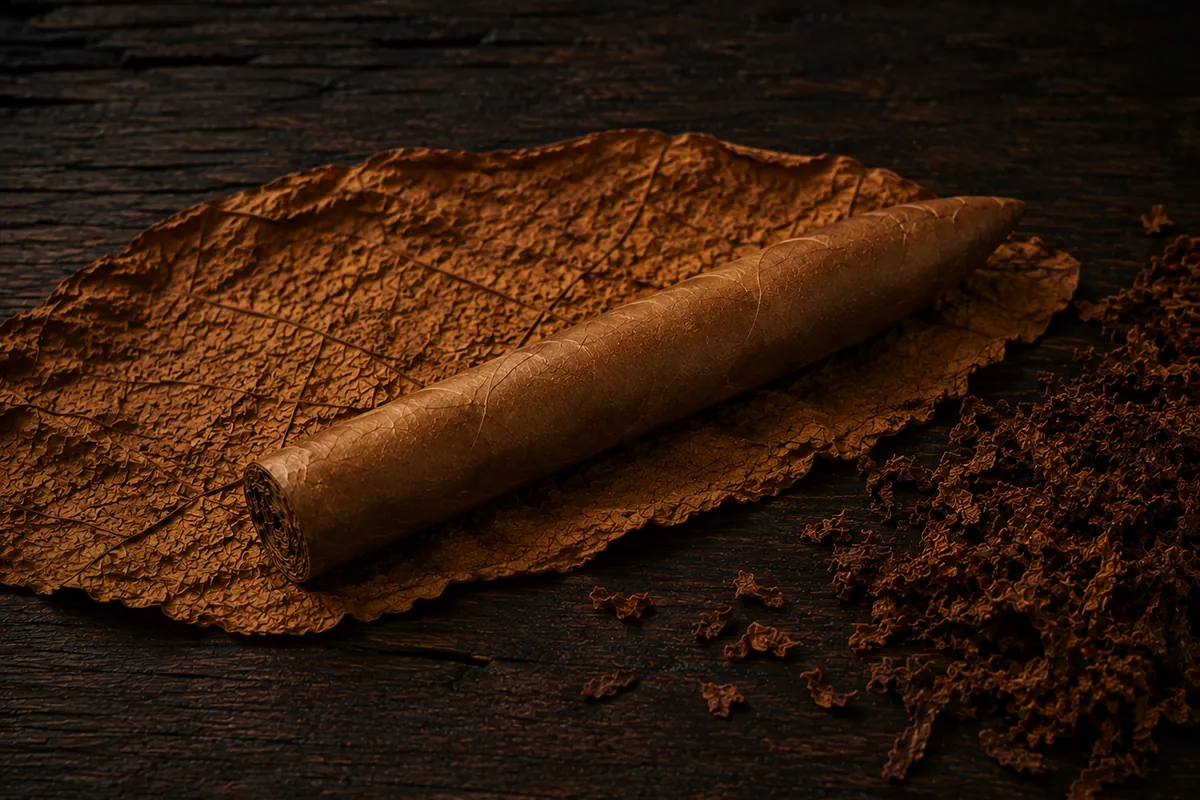 Blend 3, July 2026 release — a Corojo belicoso, 5½ × 56, lying on a tobacco leaf over dark wood