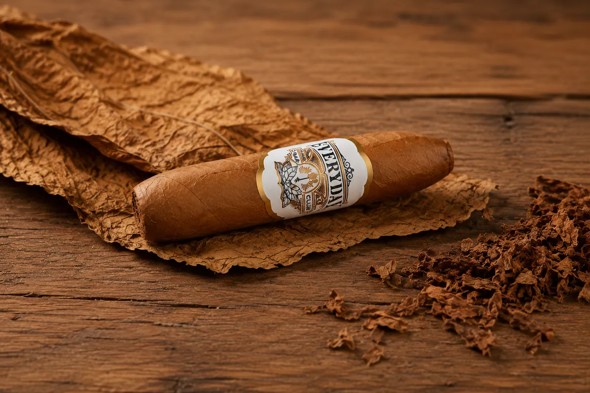The Chanchito Box cigar — a double figurado, 4.25 × 50, banded Everyday Cigar Club, lying on a tobacco leaf over dark wood