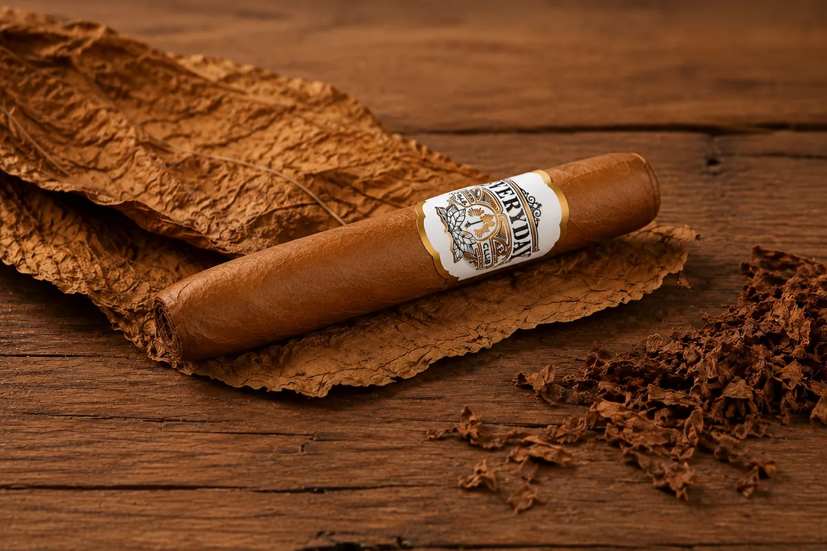 The EDCC Robusto — 5 × 50, banded Everyday Cigar Club, lying on a tobacco leaf over dark wood