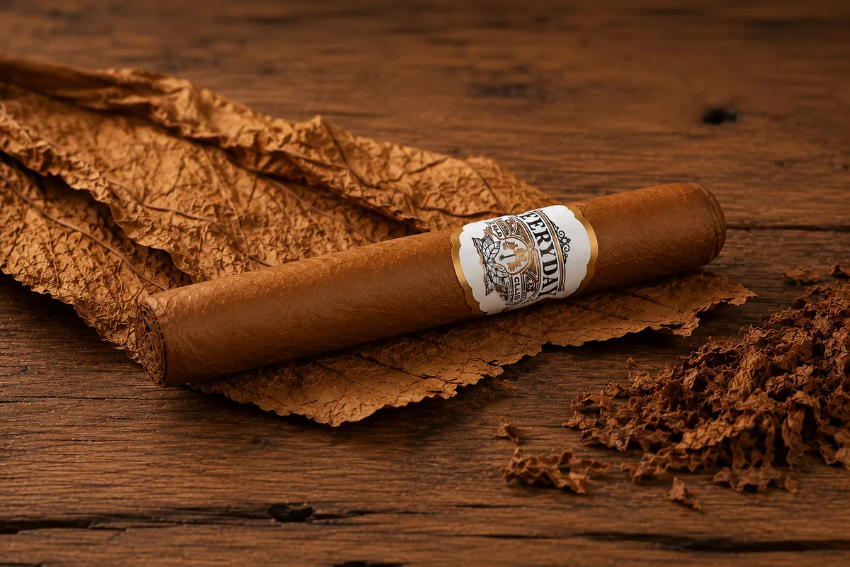 The EDCC Toro — 6 × 52, banded Everyday Cigar Club, lying on a tobacco leaf over dark wood
